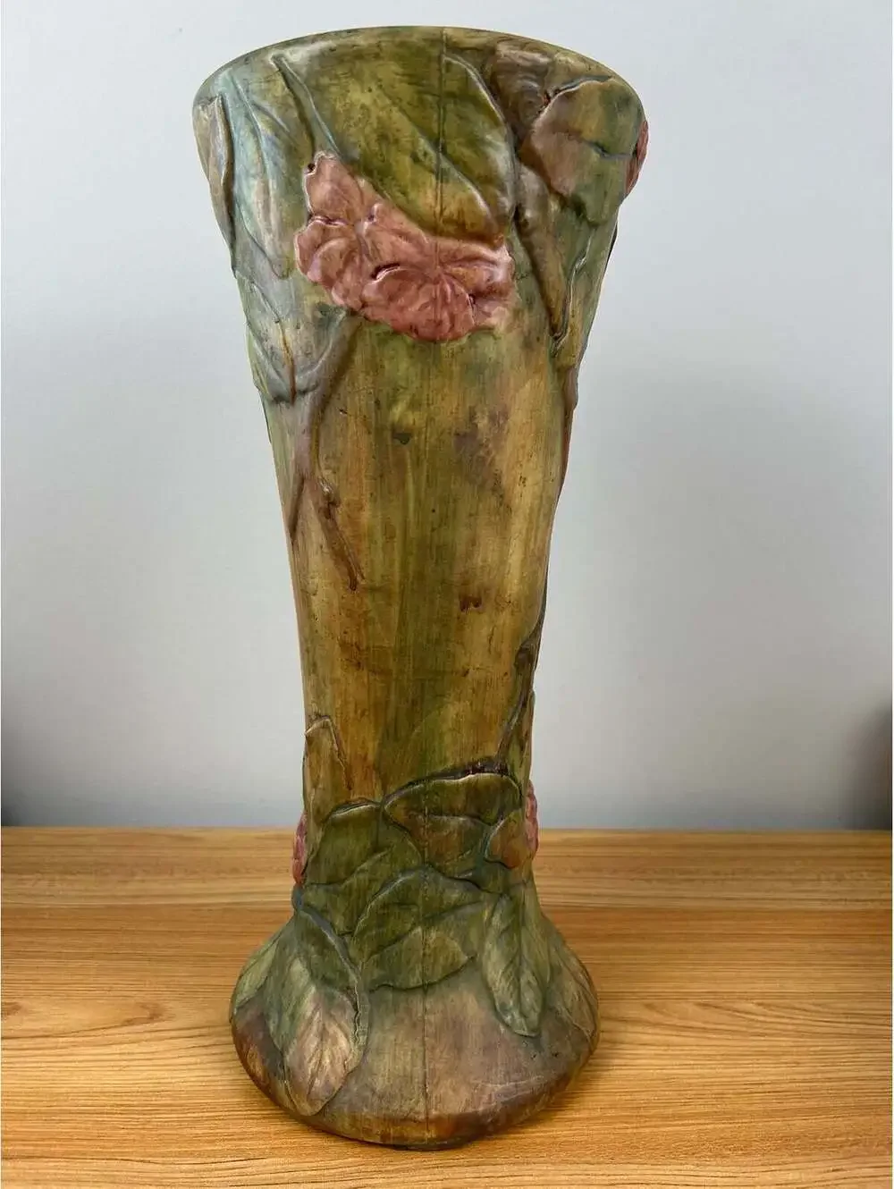 Vintage Weller Pottery Flemish Rhododendron Floor Vase /Tan/Green 16” Excellent